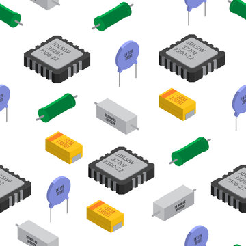 Vector seamless pattern of izometric electronic components. Collection of capacitors, resistors, diodes, transistors, inductors, microchips
