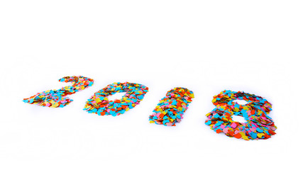 Fototapeta na wymiar New Year - Confetti numbers 2018 - Front view - Isolated on white background