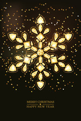 Merry Christmas, Happy New Year greeting card. Vector golden 3d style snowflake made from gold gems on black background. Holiday banner layout, flyer, poster with various diamonds, jewels.