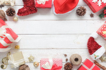 Above view of image item Merry Christmas & Happy New Year decor festival background concept.free space for creative design.Essential decorations on modern rustic white wood at home office desk studio.