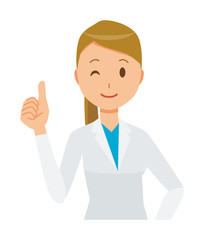 A woman doctor wearing a white suit is doing a good sign