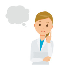A female doctor wearing a white coat thinks