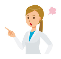 A woman doctor wearing a white coat is angrily pointing to a finger