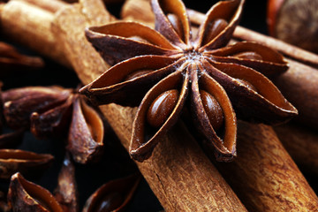 cinnamon stick and star anise spice on black background