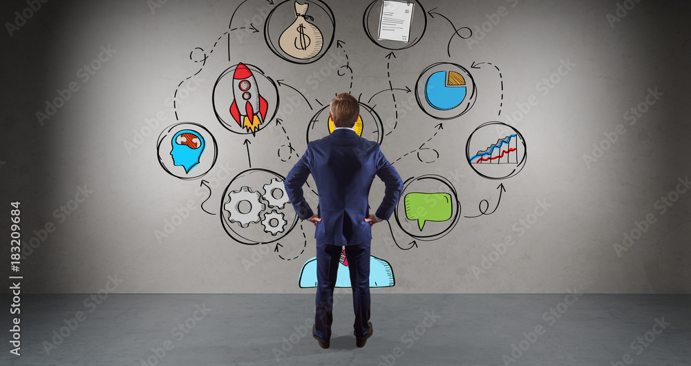 Poster businessman watching a project sketch on a wall 3d rendering