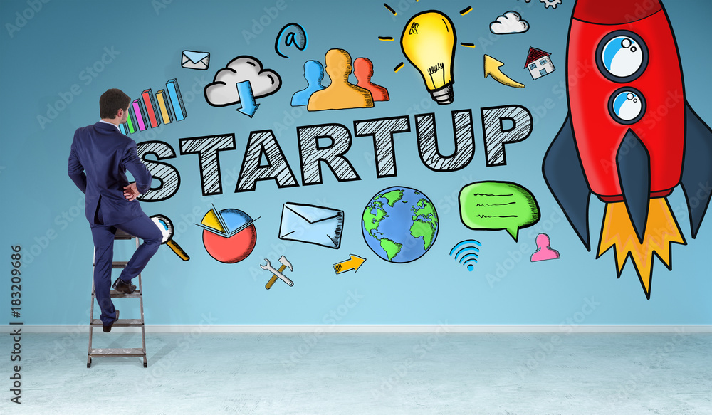 Poster businessman watching startup sketch on a wall 3d rendering