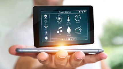 Businessman using smart home remote device 3D rendering