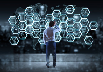 Businessman watching multimedia interface sketch on a rooftop 3D rendering