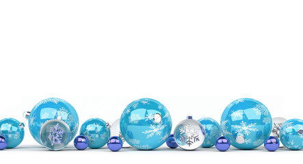 Blue and white christmas baubles lined up 3D rendering