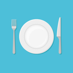 Empty plate with fork and knife isolated on blue background. Top view. Flat style vector illustration.