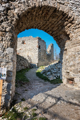 Abandoned ruins of medieval Plavecky castle in autumn