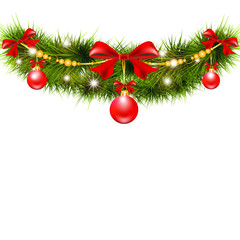 Christmas garland, balls,red bows, on a white