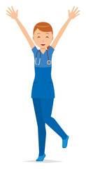 A woman nurse wearing a blue scrub has raised his hands