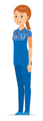 A female nurse wearing a blue scrub is standing obliquely