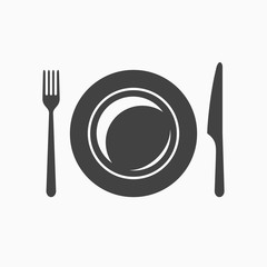 Plate with fork and knife monochrome icon. Vector illustration.