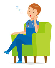 A woman nurse wearing a blue scrub is sitting on a sofa and being falling asleep