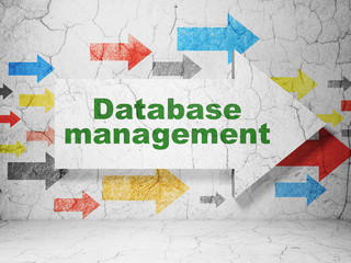 Database concept:  arrow with Database Management on grunge textured concrete wall background, 3D rendering