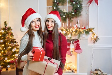 Shot of young happy twin sisters smiling cheerfully to the camera posing with Christmas presents at home copyspace siblings positivity emotions festive mood surprise gift seasonal calendar.