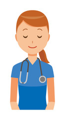 A female nurse wearing a blue scrub is bowing