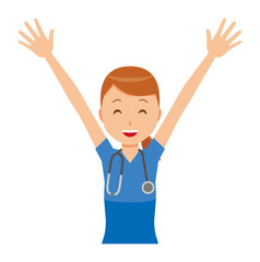 A woman nurse wearing a blue scrub has raised his hands