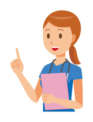 A female nurse wearing a blue scrub is pointing to a file with a file