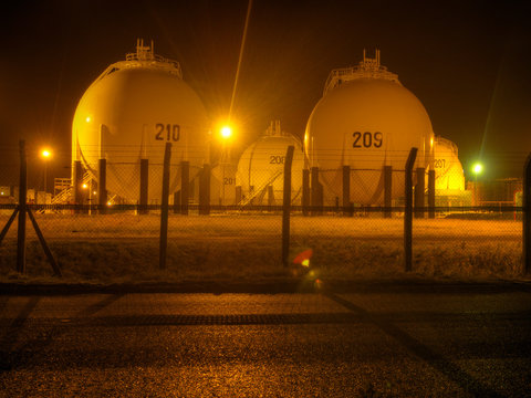 Gas Tanks On Petrochemical Plant At Night