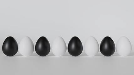 The eggs are white and black. Positioned in a row.  The floor and walls are white. And the light on the right and left of the picture.  It produces shadows and reflections between black and white eggs