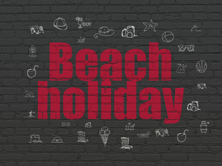 Tourism concept: Painted red text Beach Holiday on Black Brick wall background with  Hand Drawn Vacation Icons