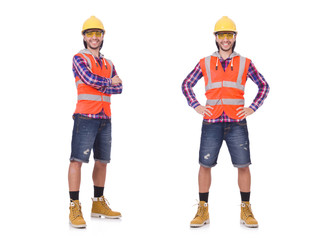 Young construction worker in helmet and briefs isolated on white