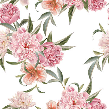 Floral seamless pattern with peonies and lily