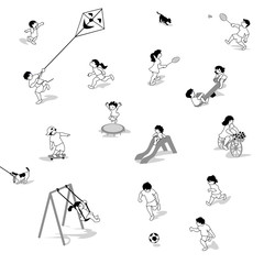 Monochrome vector Illustration of children playing at the children's playground. Characters set.