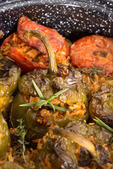 Stuffed green bell peepers and tomatoes in dish, closeup background.