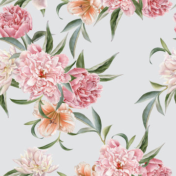 Floral seamless pattern with peonies and lily
