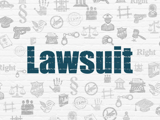 Law concept: Painted blue text Lawsuit on White Brick wall background with  Hand Drawn Law Icons