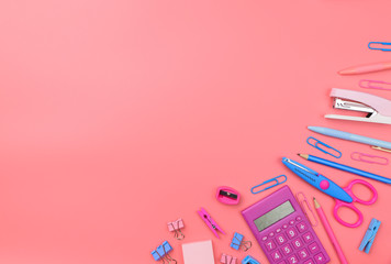 Stationary concept, Flat Lay top view Photo of Scissors, pencils, paper clips,calculator,sticky...
