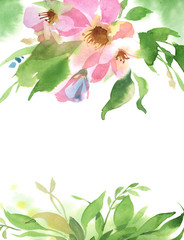 Fototapeta premium Watercolor floral background of green branch, leaves and rose flowers