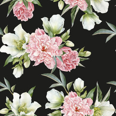Floral seamless pattern with peonies and hellebore