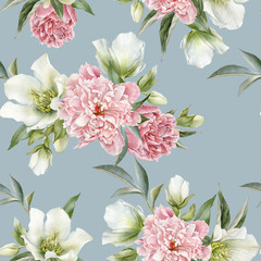 Fototapeta premium Floral seamless pattern with peonies and hellebore
