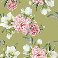 Floral seamless pattern with peonies and hellebore