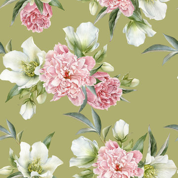 Floral seamless pattern with peonies and hellebore