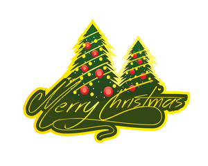 merry christmas with tree and script lettering, illustration design, isolated on white background. 