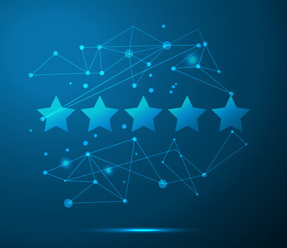 Vector Five Stars Blue Background With Lines, Dots, Technology Concept