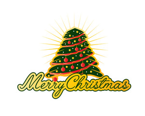 merry christmas with big tree with gold stripes and gold circles, illustration design, isolated on white background. 