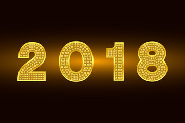 Happy New Year 2018. Vector background. Gold figures with rhinestone. Greeting illustration for Xmas. Template for invitation, flyer, banner, poster, rooster year.