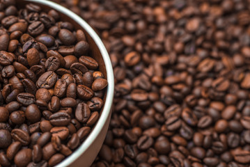 Ceramic cup filled with coffee beans close up. Beverages menu design. Place for text.
