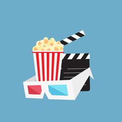 Cinema background with cinema icons set in flat design style, vector illustration. Popcorn, soda with straw, tickets, filmstrip etc.
