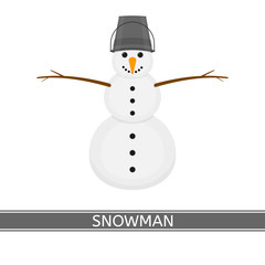 Vector illustration of snowman with bucket on the head isolated on white background. Smiling winter character.