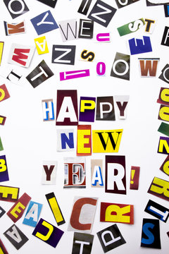 A word writing text showing concept of Happy New Year made of different magazine newspaper letter for Business case on the white background with copy space