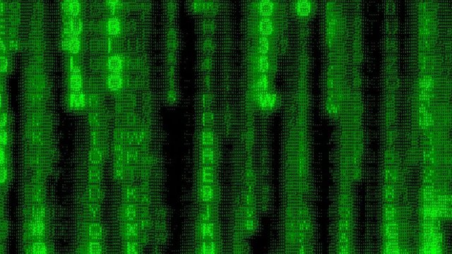 Random glowing symbols falling down (code rain, a popular sci-fi movie effect). ASCII 8 bit vintage PC terminal animation fx, of the time when computers didn't have pixel graphics.
