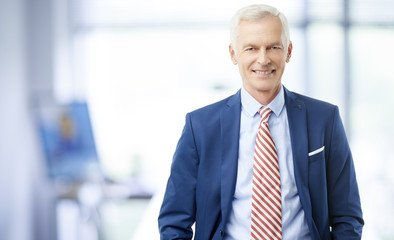 Naklejka premium Financial business man. A senior financial consultant businessman standing in shirt and tie in his office.